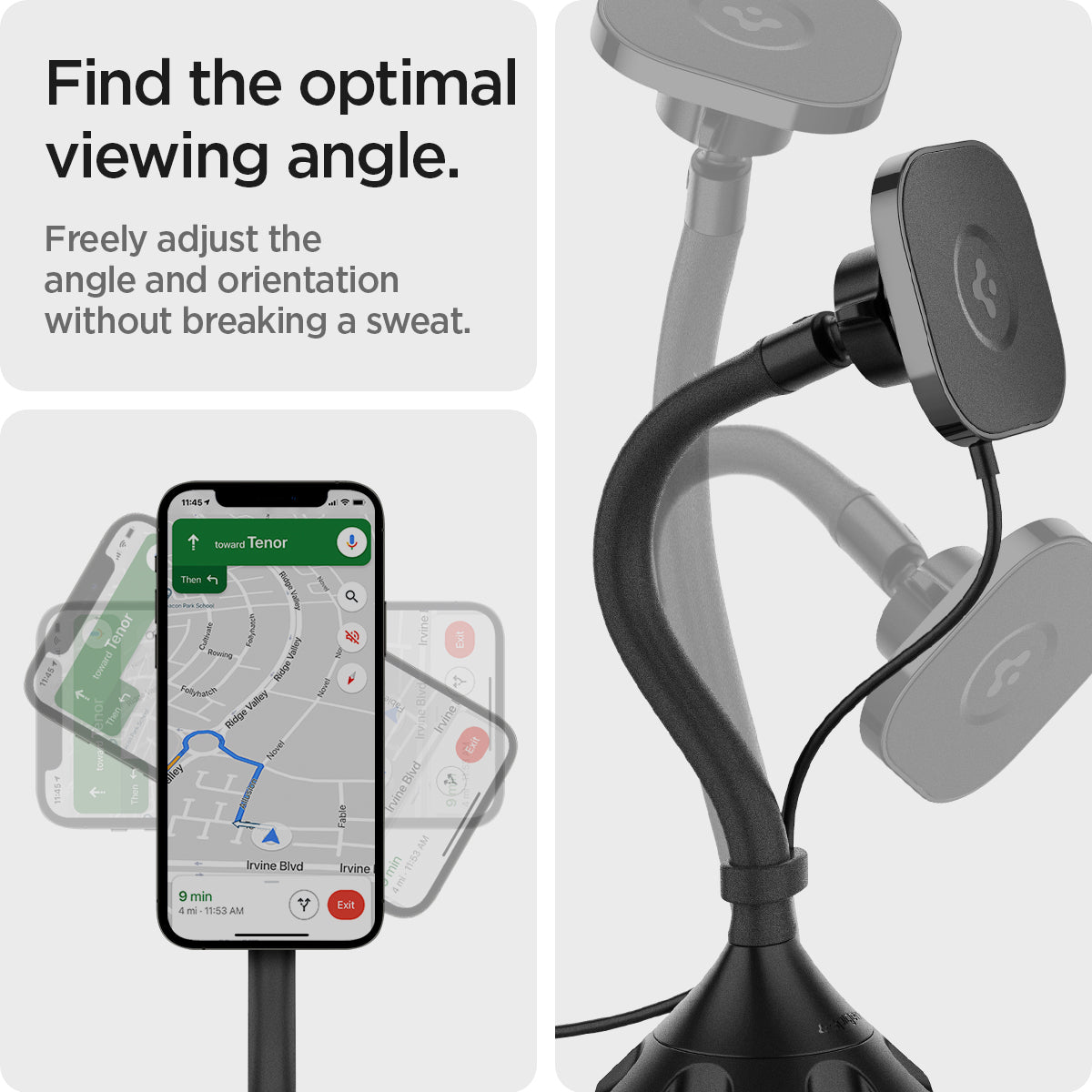 ACP03810 - OneTap Pro Cup Holder Car Mount ITS68W (MagFit) in Black showing the Find the optima viewing angle. Freely adjust  the angle and orientation without breaking a sweat. A device and a cup car mount in rotating motion