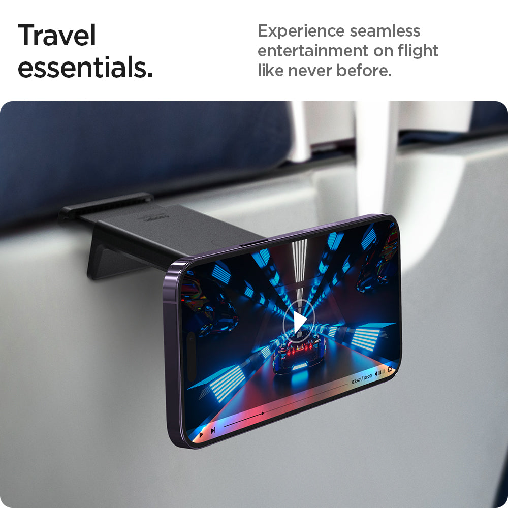 AMP05756 - In-flight Phone Mount (MagFit) in black showing the travel essentials, experience seamless entertainment of flight like never before