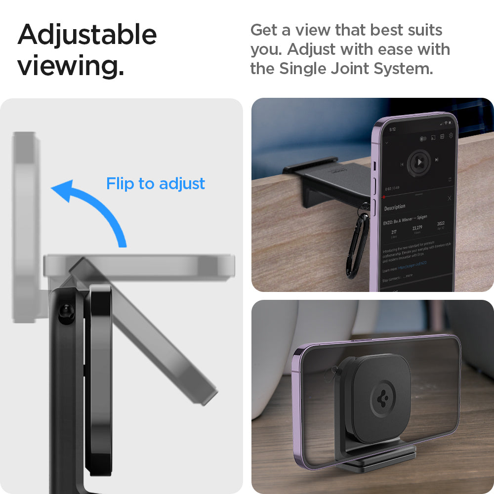 AMP05756 - In-flight Phone Mount (MagFit) in black showing the adjustable viewing, get a view that best suits you, adjust with ease with the Single Joint System