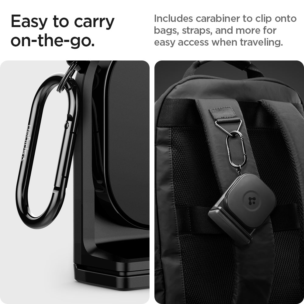 AMP05756 - In-flight Phone Mount (MagFit) in black showing the easy to carry on-the-go, includes carabiner to clip onto bags, straps, and more for easy access when traveling