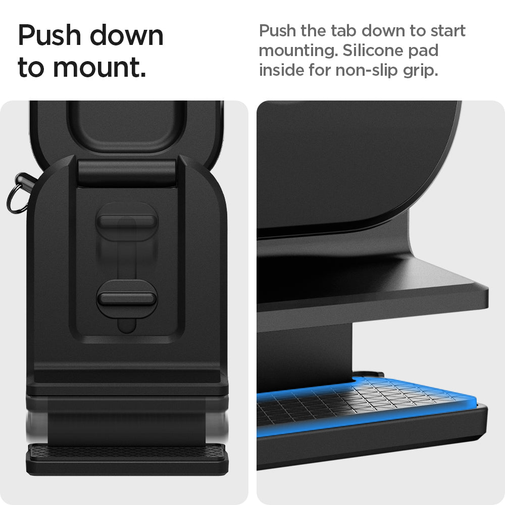 AMP05756 - In-flight Phone Mount (MagFit) in black showing the push down to mount, push the tab down to start mounting, silicone pad inside for non-slip grip