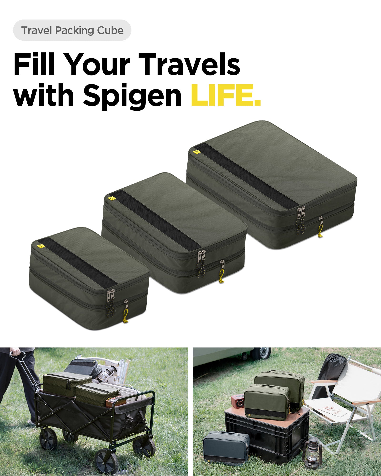 AFA08477 - Travel Packing Cubes KD600 small size in Hunter Green showing filling your travels with Spigen LIFE, carry anywhere, everywhere on your travels