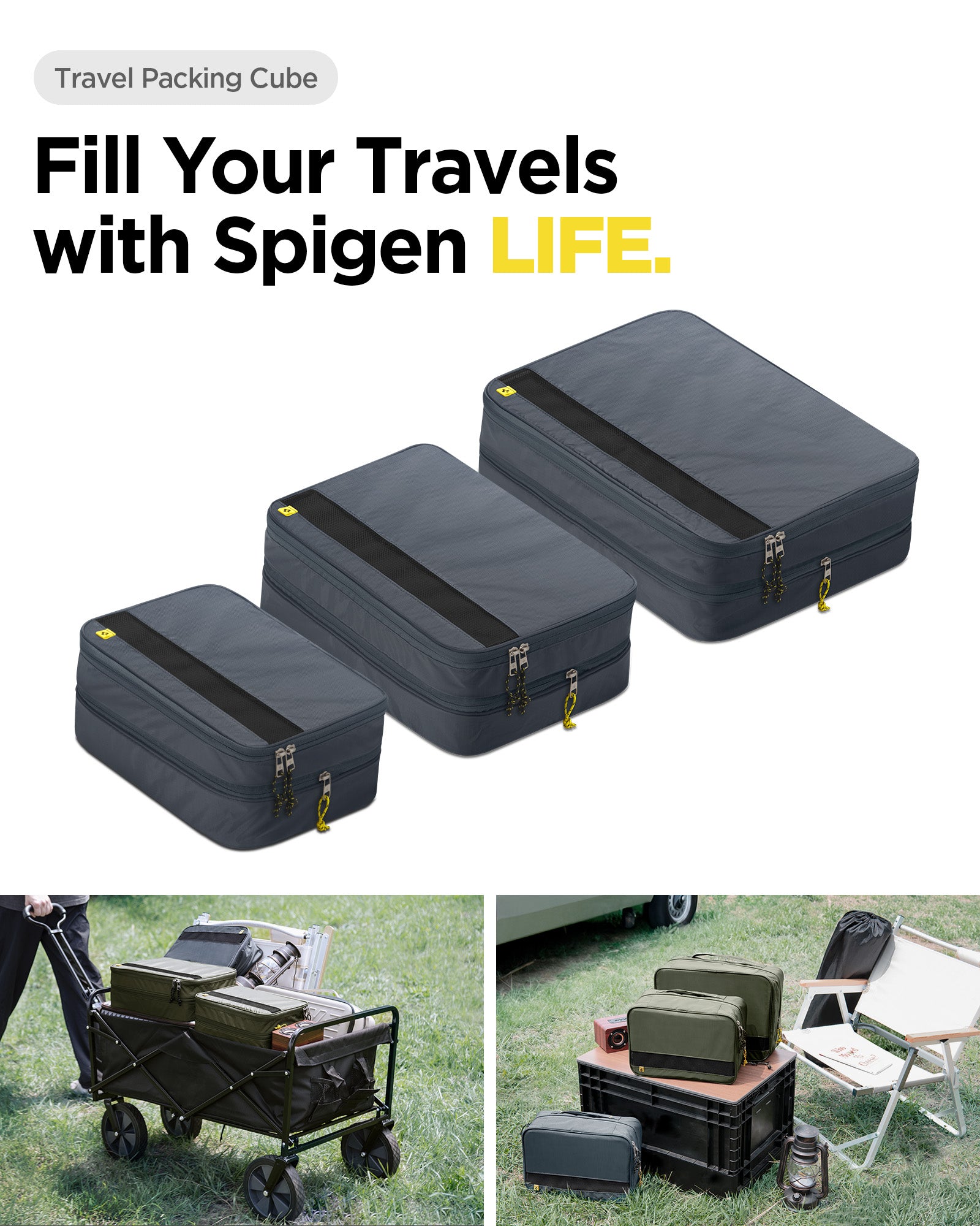 AFA08482 - Travel Packing Cubes KD600 small (2) + XL (1) in Grotto Gray showing filling your travels with Spigen LIFE, carry anywhere, everywhere on your travels