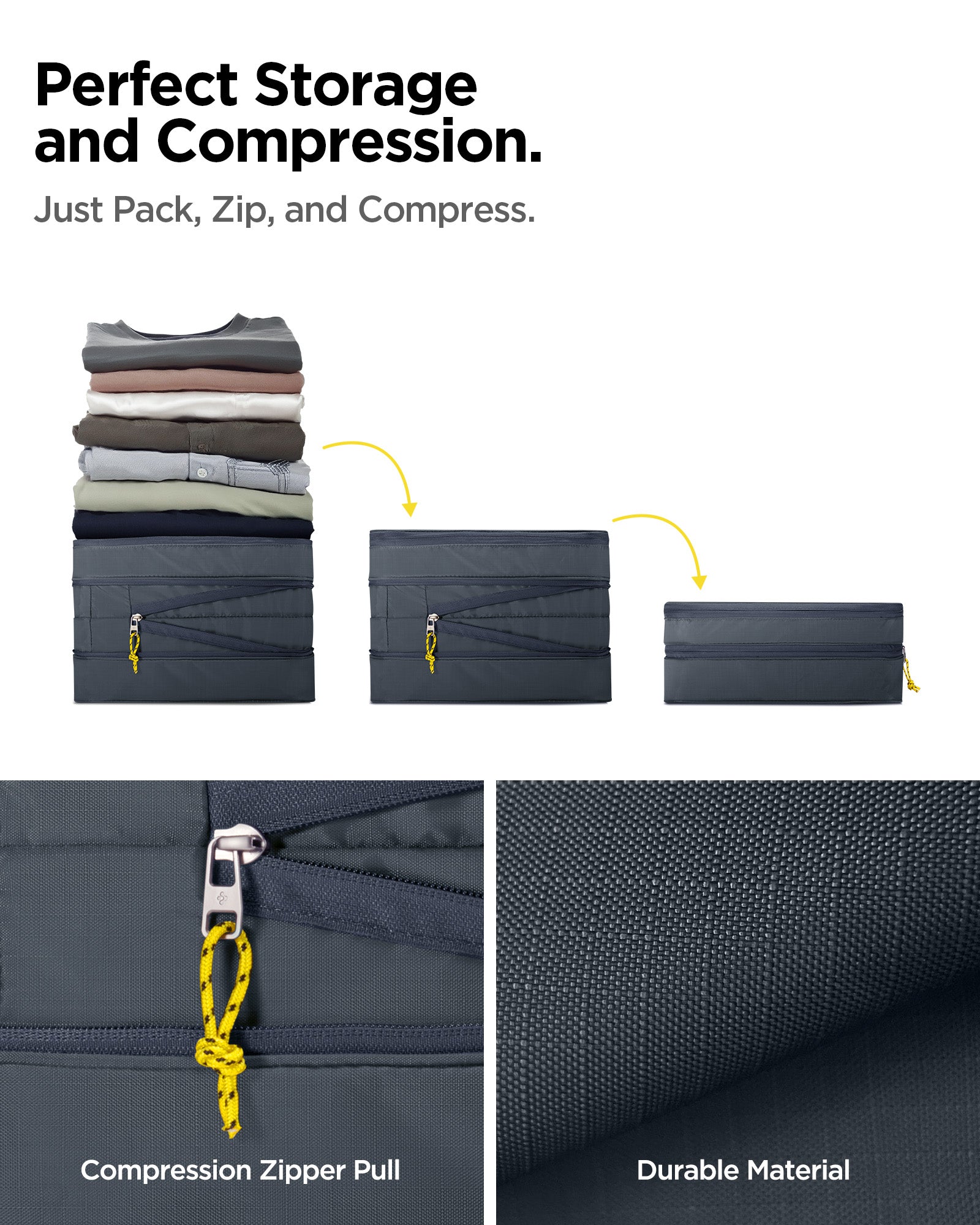 AFA08480 - Travel Packing Cubes KD600 small size in Grotto Gray showing the perfect storage and compression, just pack, zip and compress, compression zipper pull, with durable material