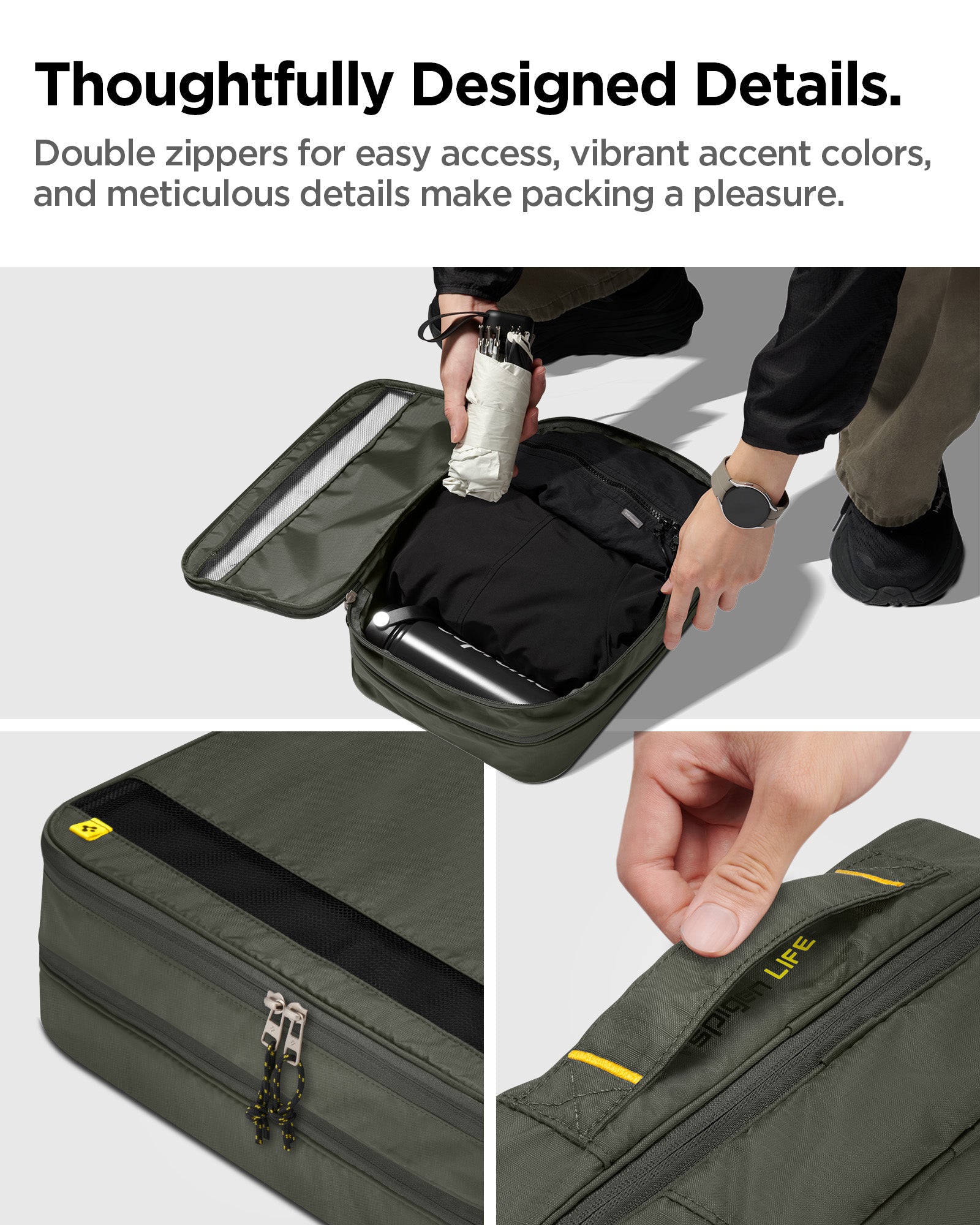 AFA08477 - Travel Packing Cubes KD600 small size in Hunter Green showing thoughtfully designed details, double zippers for easy access, vibrant accent colors, and meticulous details make packing a pleasure