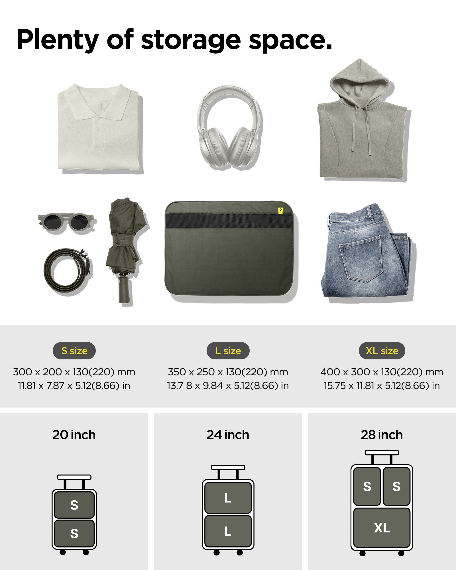 AFA08477 - Travel Packing Cubes KD600 small size in Hunter Green showing plenty of storage space, sizes: S/L/XL in 20in/24in/28in dimensions: S-11.81x7.87x.512(8.66)in, L-13.7 8x9.84x5.12(8.66)in, XL-15.75x11.81x5.12(8.66)in