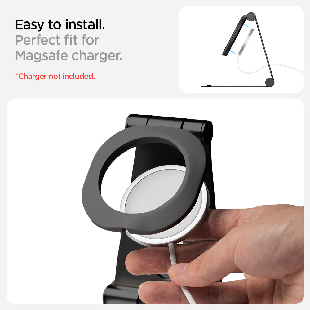 AMP02672 - MagFit Charger Stand (MagFit) in black showing the easy installation, perfect for for magsafe charger