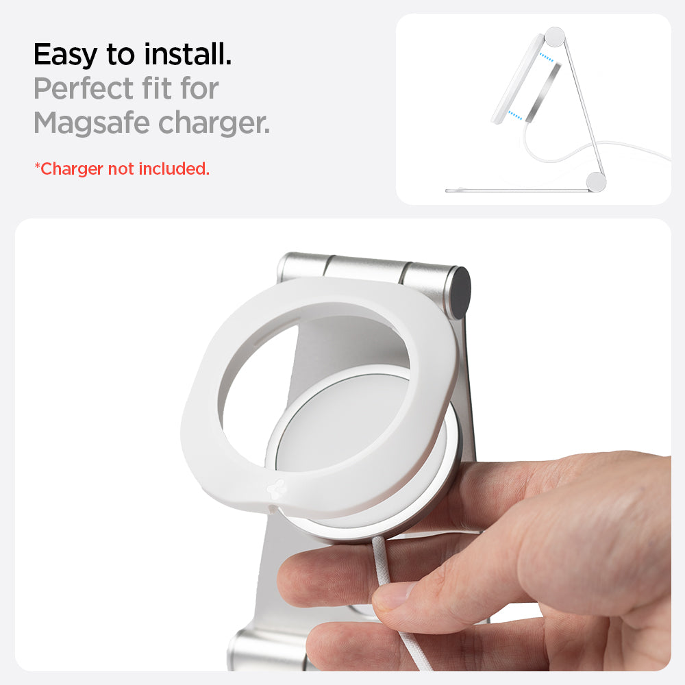 AMP02673 - MagFit Charger Stand (MagFit) in white showing the easy installation, perfect for for magsafe charger