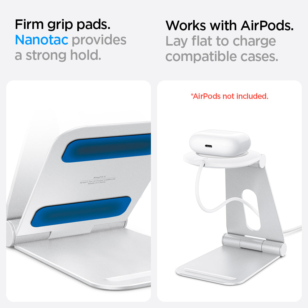 AMP02673 - MagFit Charger Stand (MagFit) in white showing the firm grip pads, nanotac provides a strong hold, works with airpods, lay flat to charge compatible cases