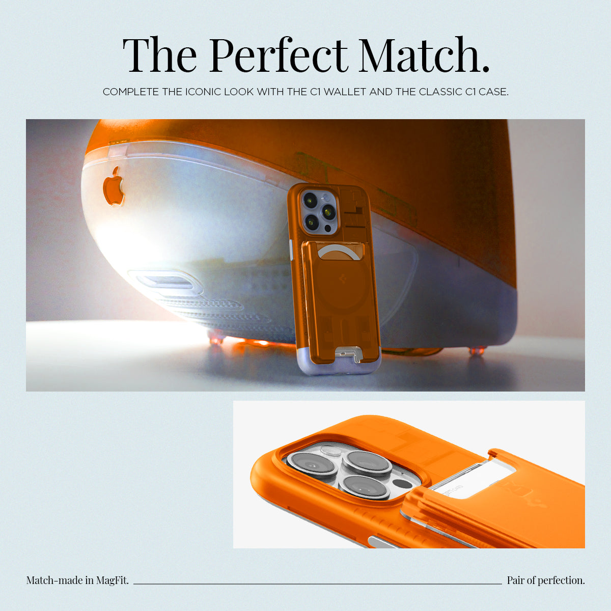 AFA08574 - MagSafe Card Holder Classic C1 (MagFit) in Tangerine showing the the perfect match, complete the iconic look with the C1 and the classic C1 case