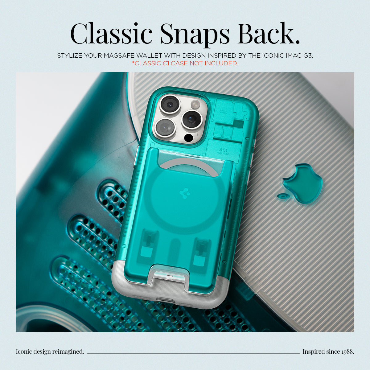 AFA07397 - MagSafe Card Holder Classic C1 (MagFit) in Bondi Blue showing the classic snaps back, stylize your magsafe wallet with design inspired by the iconic imac g3