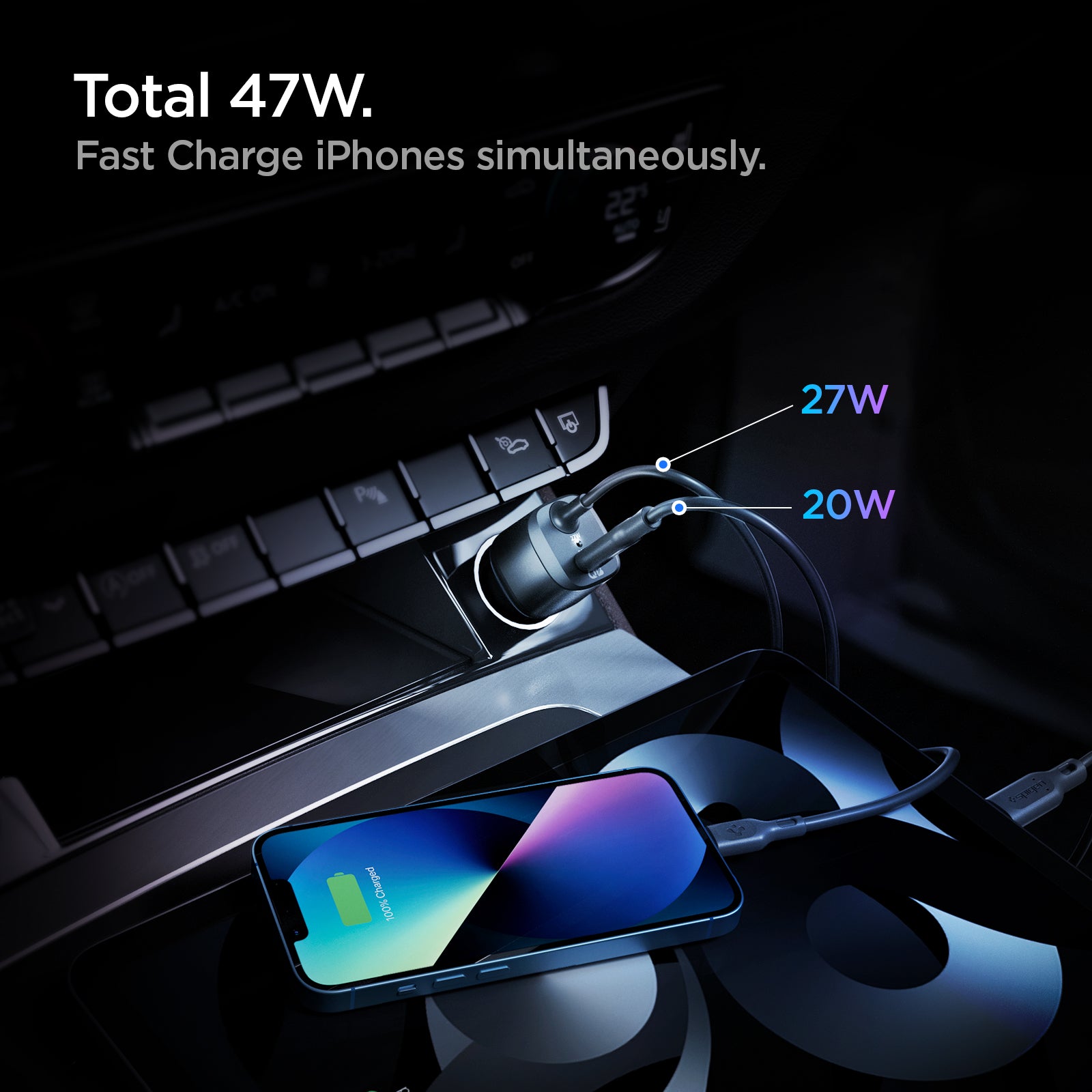 ACP04205 - ArcStation™ Car Charger PC2100 in Black showing the Total 46W. Fast Charge iPhones simultaneously.  27W and 20W car charger attached to a car while charging two devices