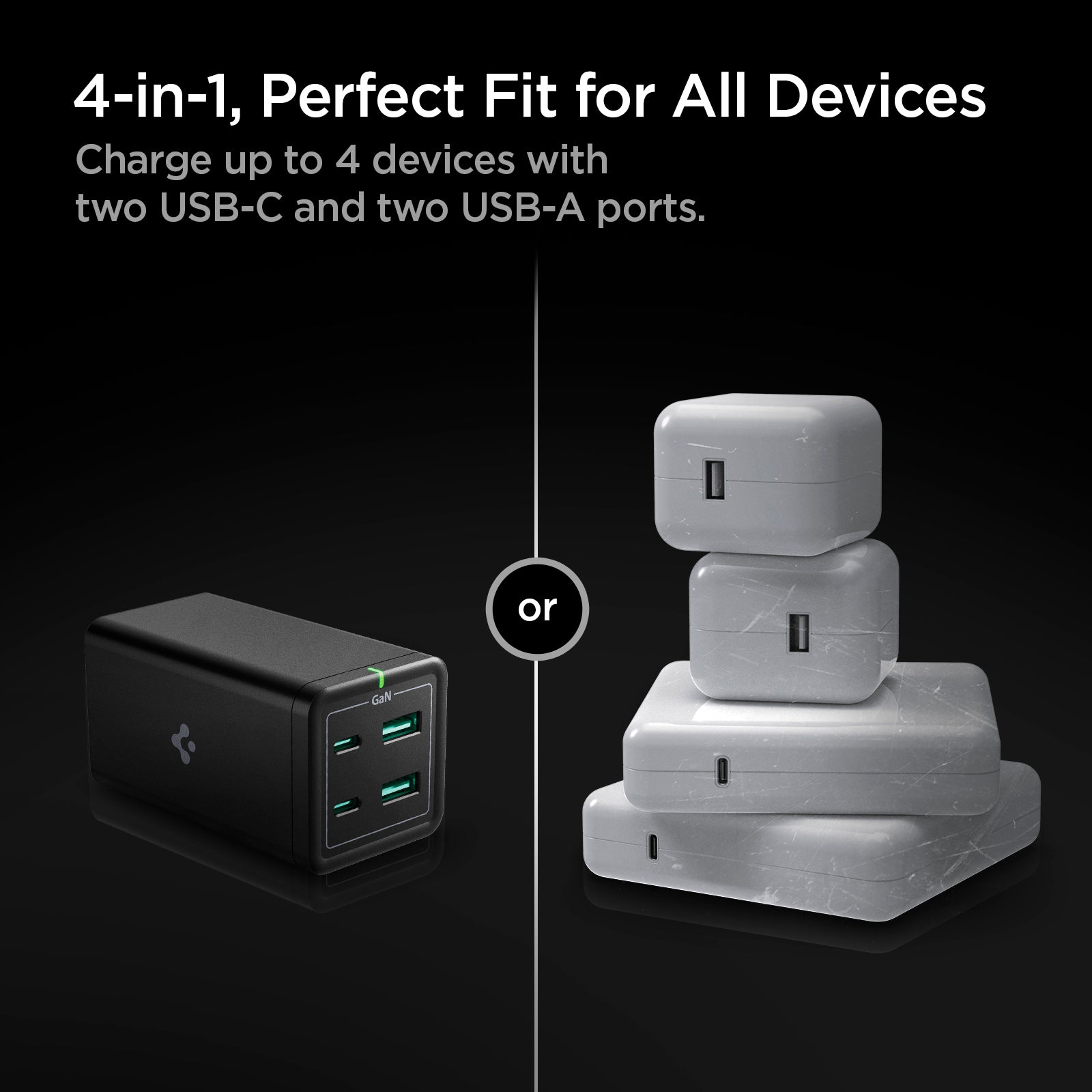 ACH03786 - ArcDock 120W Desktop Charger PD2100 in Black showing the 4-in-1, perfect fit for all devices, charge up to 4 devices with two usb-c and two usb-a ports