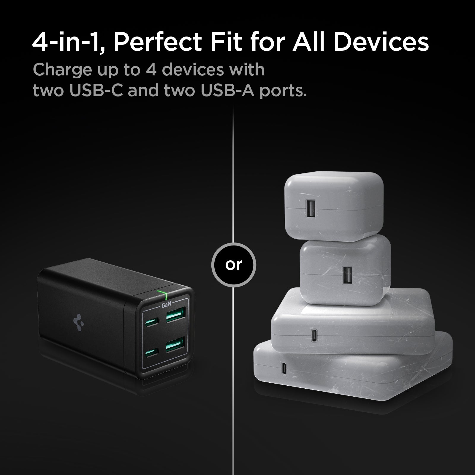 ACH03787 - ArcDock 65W Desktop Charger PD2101 in Black showing the 4-in1, perfect fit for all devices, charge up to 4 devices with two USB-C and two USB-A ports