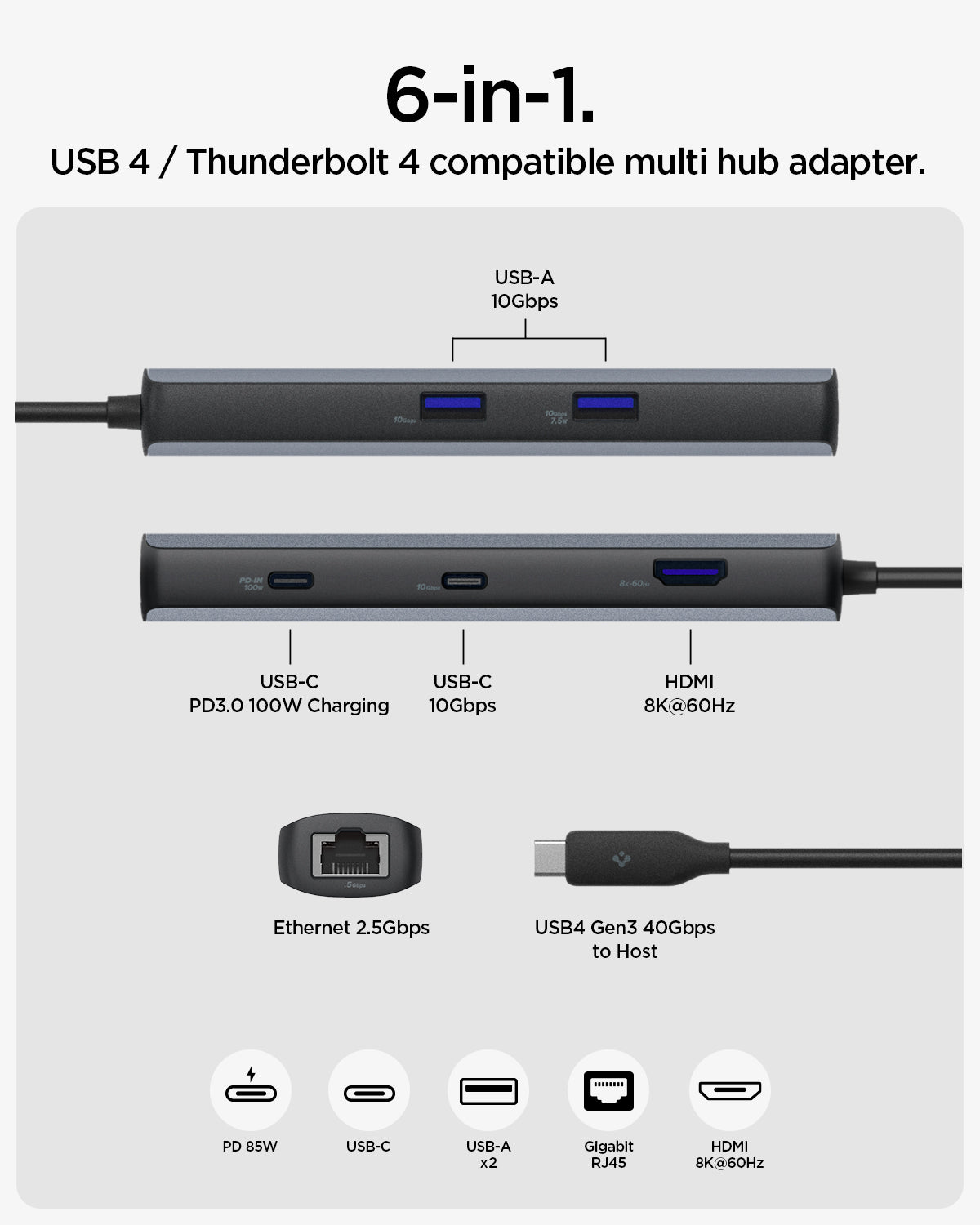 ACA06193 - ArcDock Pro Multi Hub 6-in-1 PD2302 in Space Gray showing the 6-in-1 multi hub showing its parts and ports compatibility