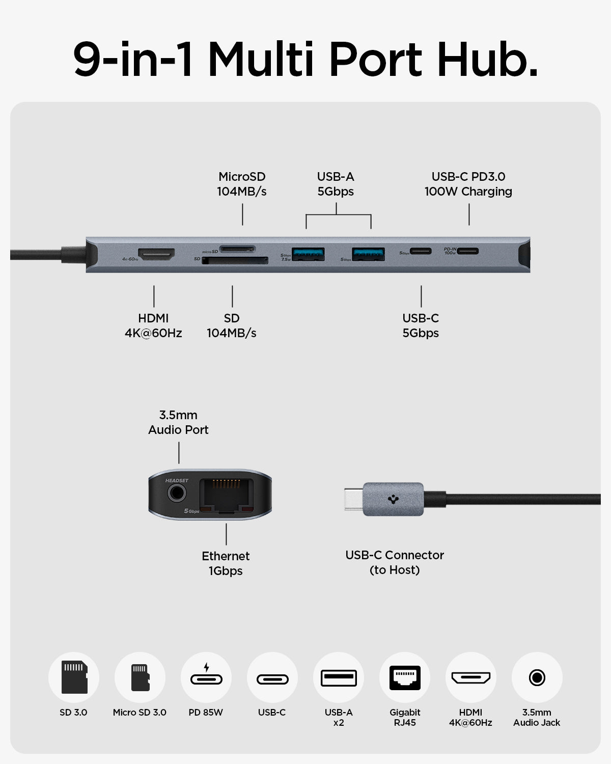 ACA06388 - ArcDock Multi Hub 9-in-1 PD2306 in Space Gray showing the 9-in-1 multi hub showing its parts and ports compatibility