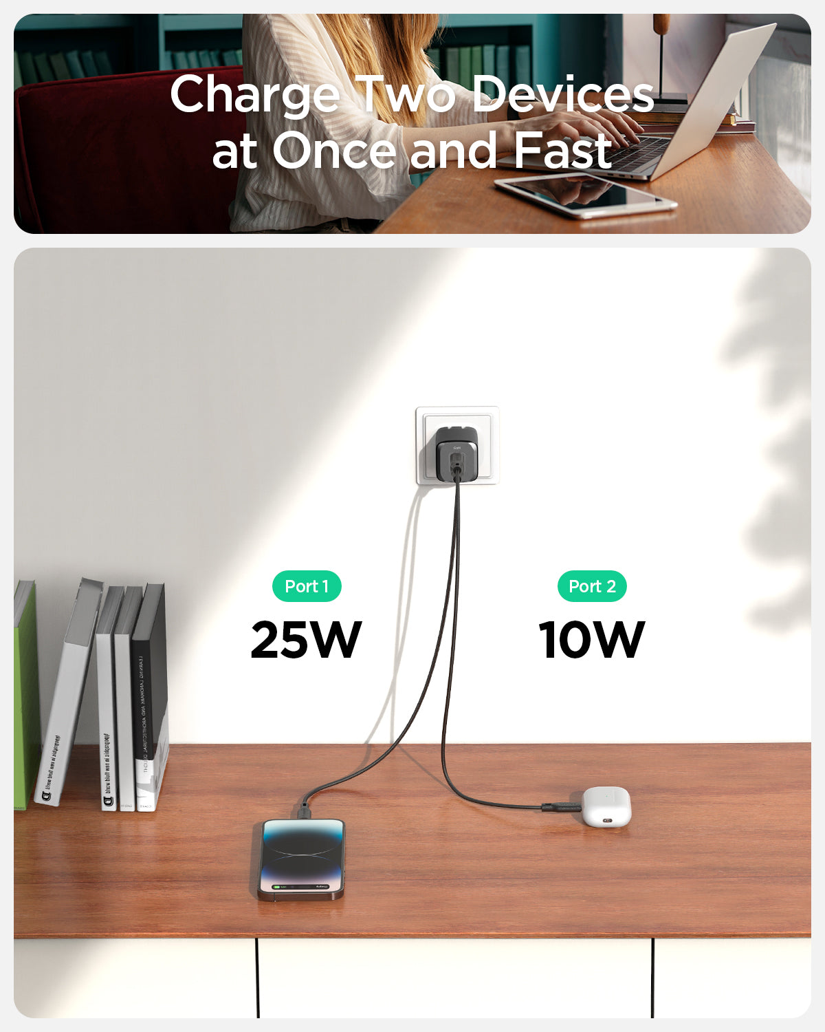 ACH05144 - ArcStation™ Pro GaN 352 Dual USB-C Wall Charger PE2202 showing charge two devices at once and fast. Port 1 up to 25W and port 2 up to 10W.