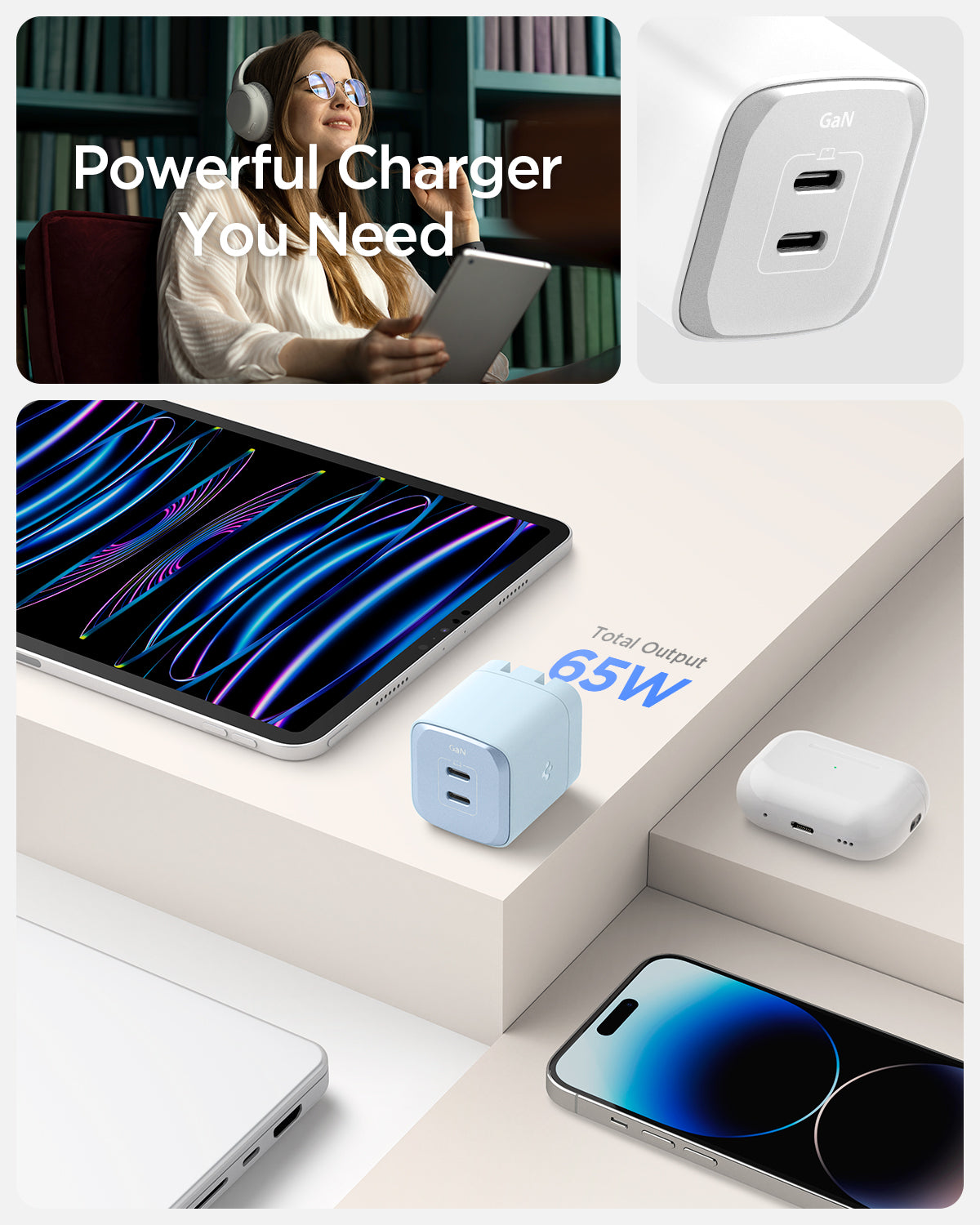 ACH05161 - ArcStation™ Pro GaN 652 Dual USB-C Wall Charger PE2204 in White showing a Powerful Charger You Need, a girl holding a device, next to it, showing the top part of the charger and below the images shows 2 devices a white wall charger with a total output 65W and two other gadgets