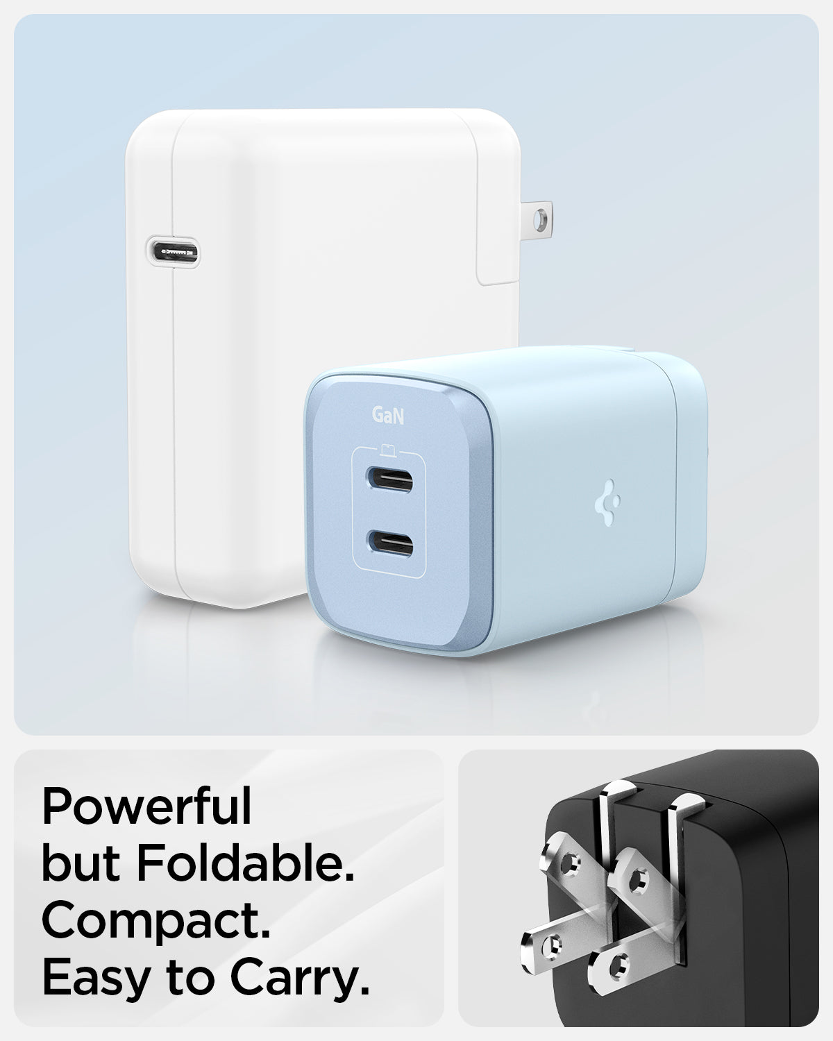 ACH05160 - ArcStation™ Pro GaN 652 Dual USB-C Wall Charger PE2204 in Midnight Black showing Powerful but Foldable. Compact. Easy to Carry, a wall charger with the power connector in folding motion, a light blue wall charger above and beside it is a  white charger in usb c-type 