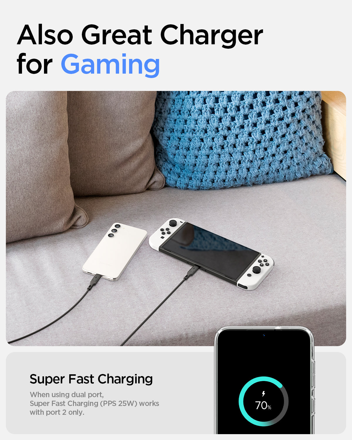 ACH05161 - ArcStation™ Pro GaN 652 Dual USB-C Wall Charger PE2204 in White showing the Also Great Charger for Gaming below is a sofa with a device and a gaming console both attached to a charger cord, with words below saying Super Fast Charging when using dual port, and PPS 25W works with port 2 only and a device showing charging indicator of 70%