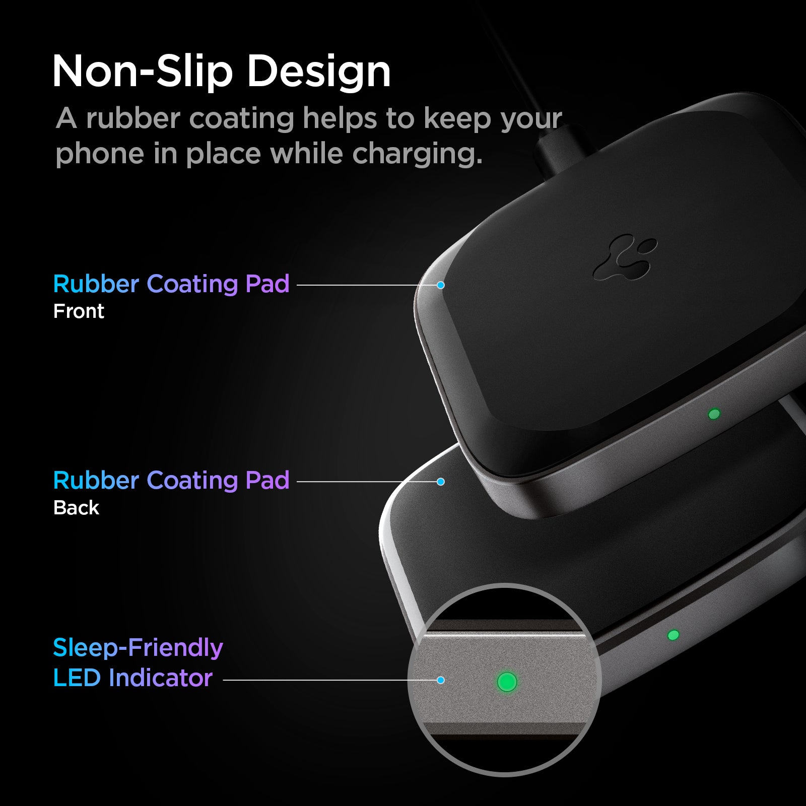 ACH02578 - ArcField™ 15W Wireless Charger PF2004 in Black showing the Non-Slip Design,  a rubber coating helps to keep your phone in place while charging. Showing parts of a wireless charger a Rubber Coating Pad in front and back. Sleep-Friendly LED Indicator