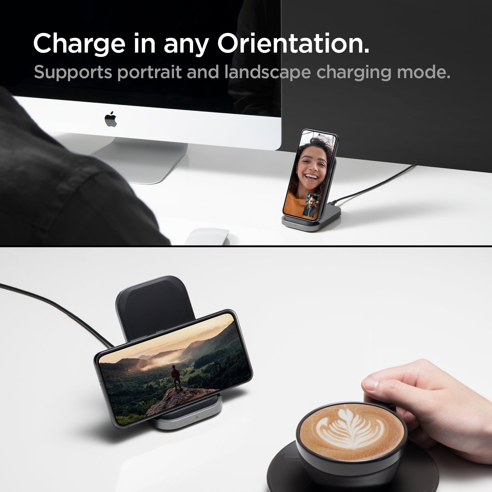 ACH06254 - ArcField™ 15W Wireless Charger PF2102 in Black showing the Charge in any Orientation. Supports portrait and landscape charging mode. a Device charging vertically while on a facetime video call  and a device charging horizontally with a video on the screen on a coffee table