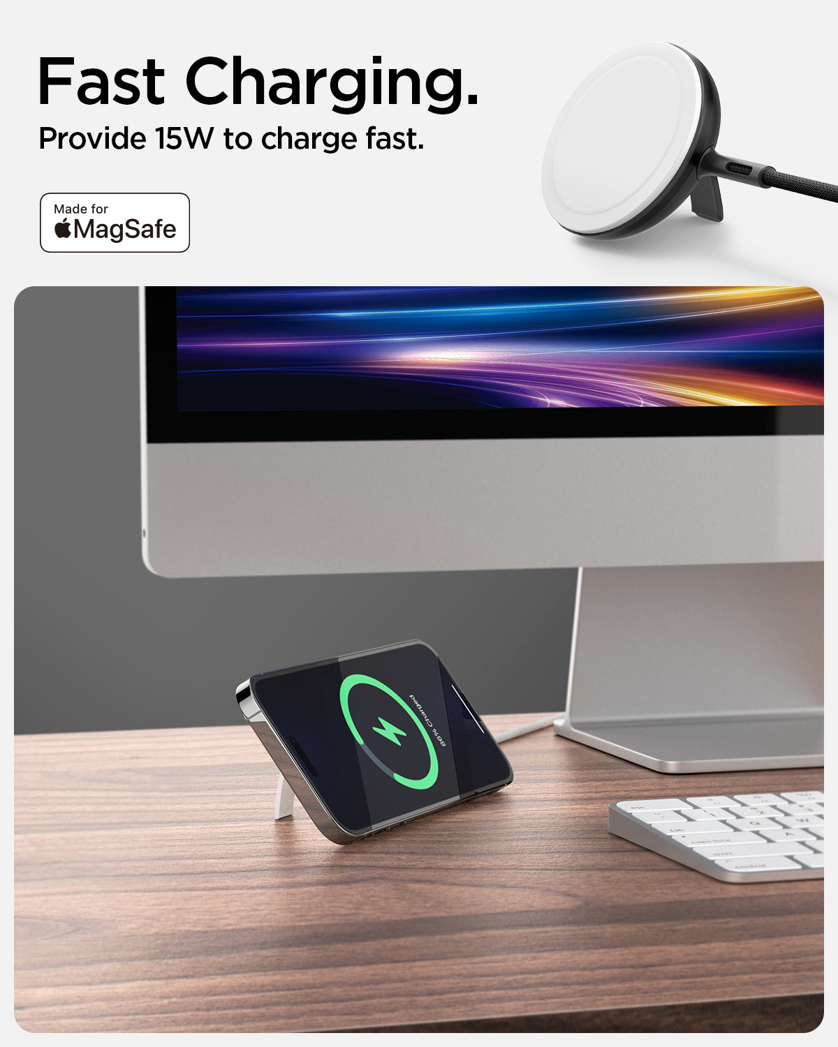 ACH05430 - ArcField™ Magnetic 15W Wireless Charger PF2200 (MagFit) in White showing the Fast Charging. Provide 15W to charge fast. Magsafe Charger and devices