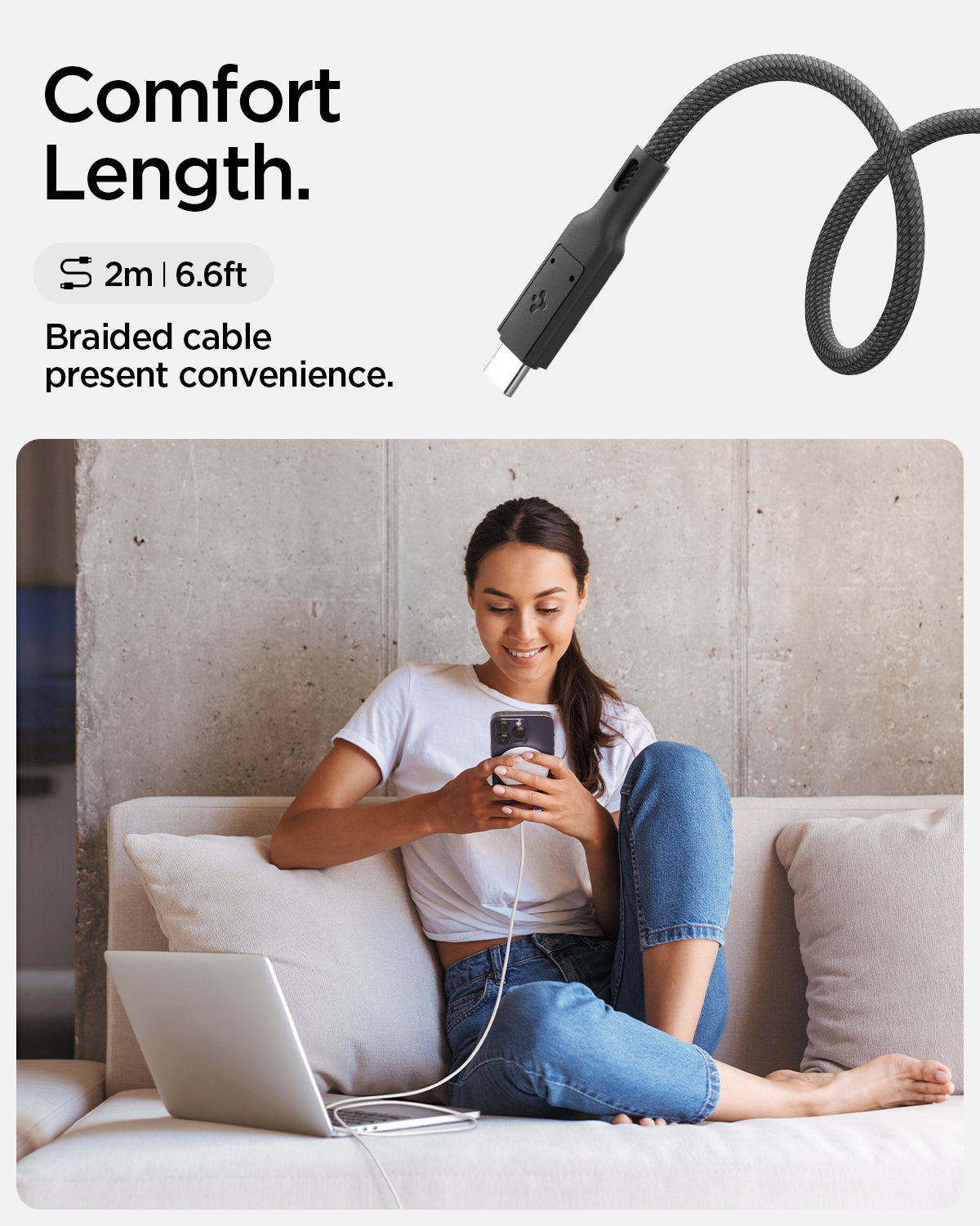 ACH05430 - ArcField™ Magnetic 15W Wireless Charger PF2200 (MagFit) in White showing the Comfort Length. 2m (6.6ft) Braided cable present convenience. A girl sitting while holding a device attached to a Magsafe Charger and another device