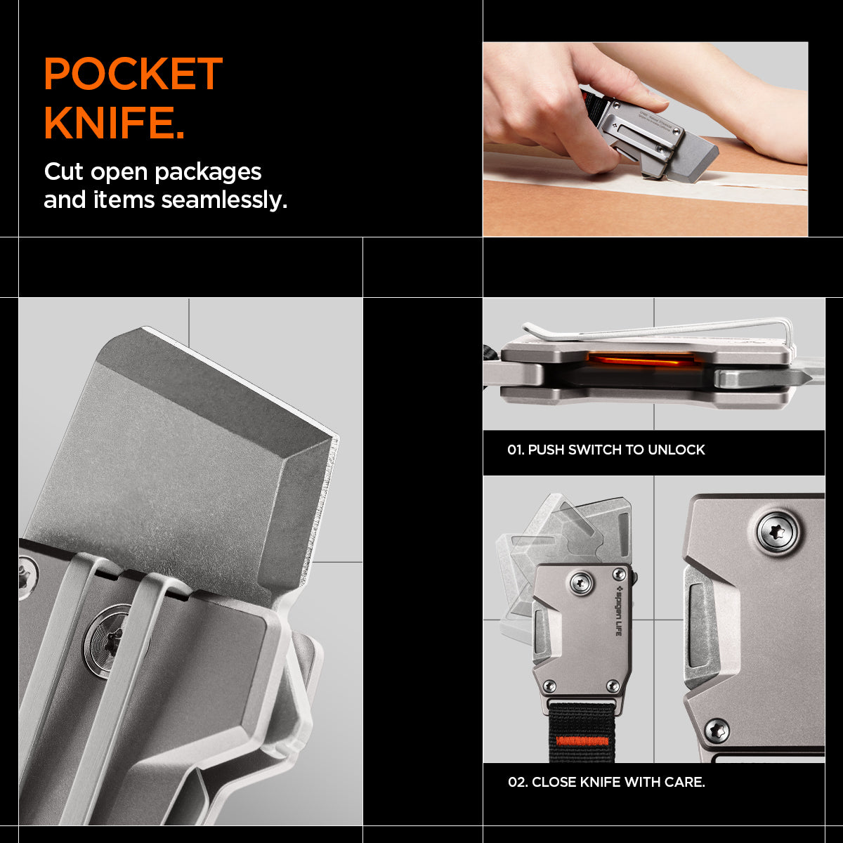 AHP06270 - Spigen Pocket Knife LF400 in Gunmetal showing the pocket knife, cut open packages and items seamlessly, 1. push switch to unlock 2. close knife with care