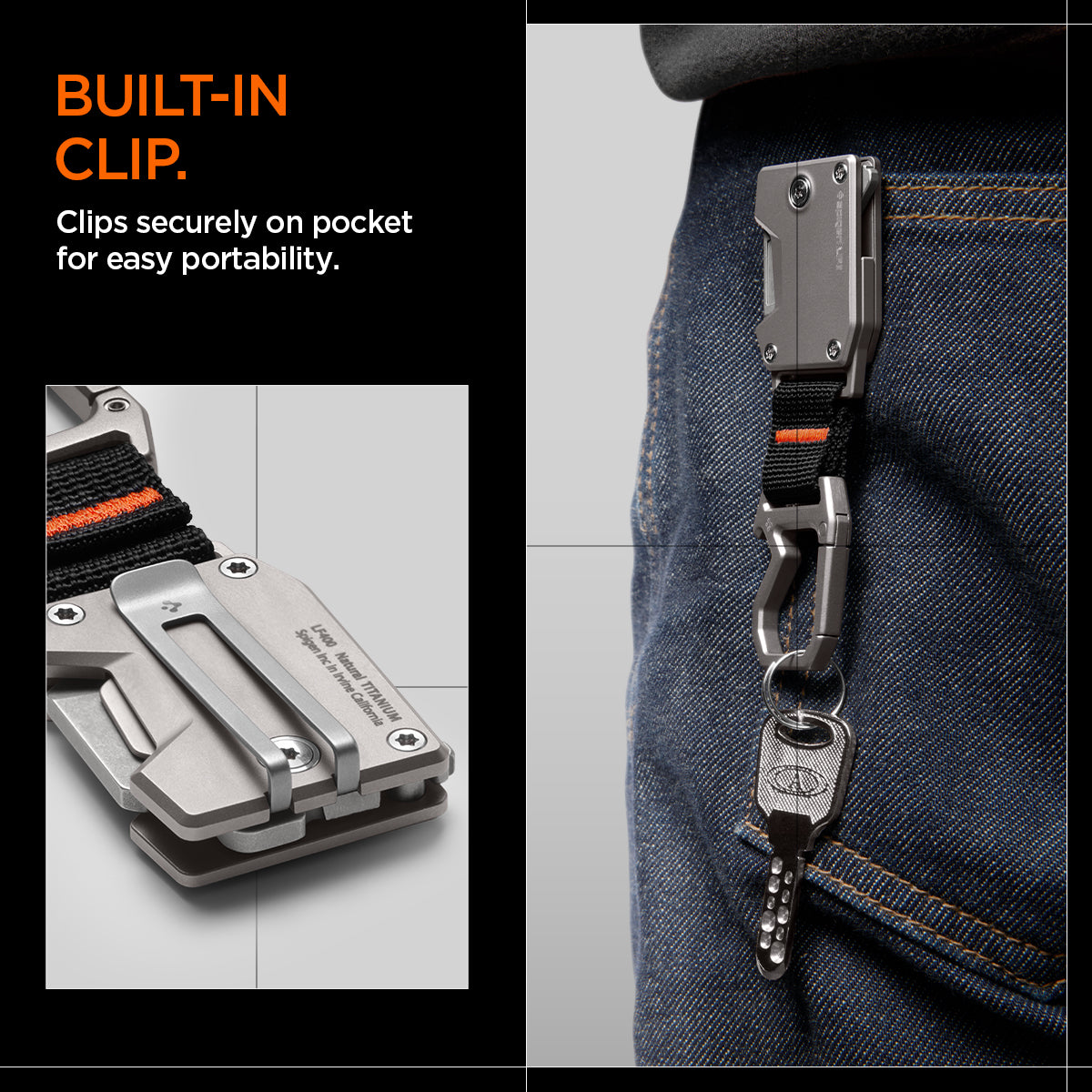 AHP06270 - Spigen Pocket Knife LF400 in Gunmetal showing the built-in clip, clips securely on pocket for easy portability