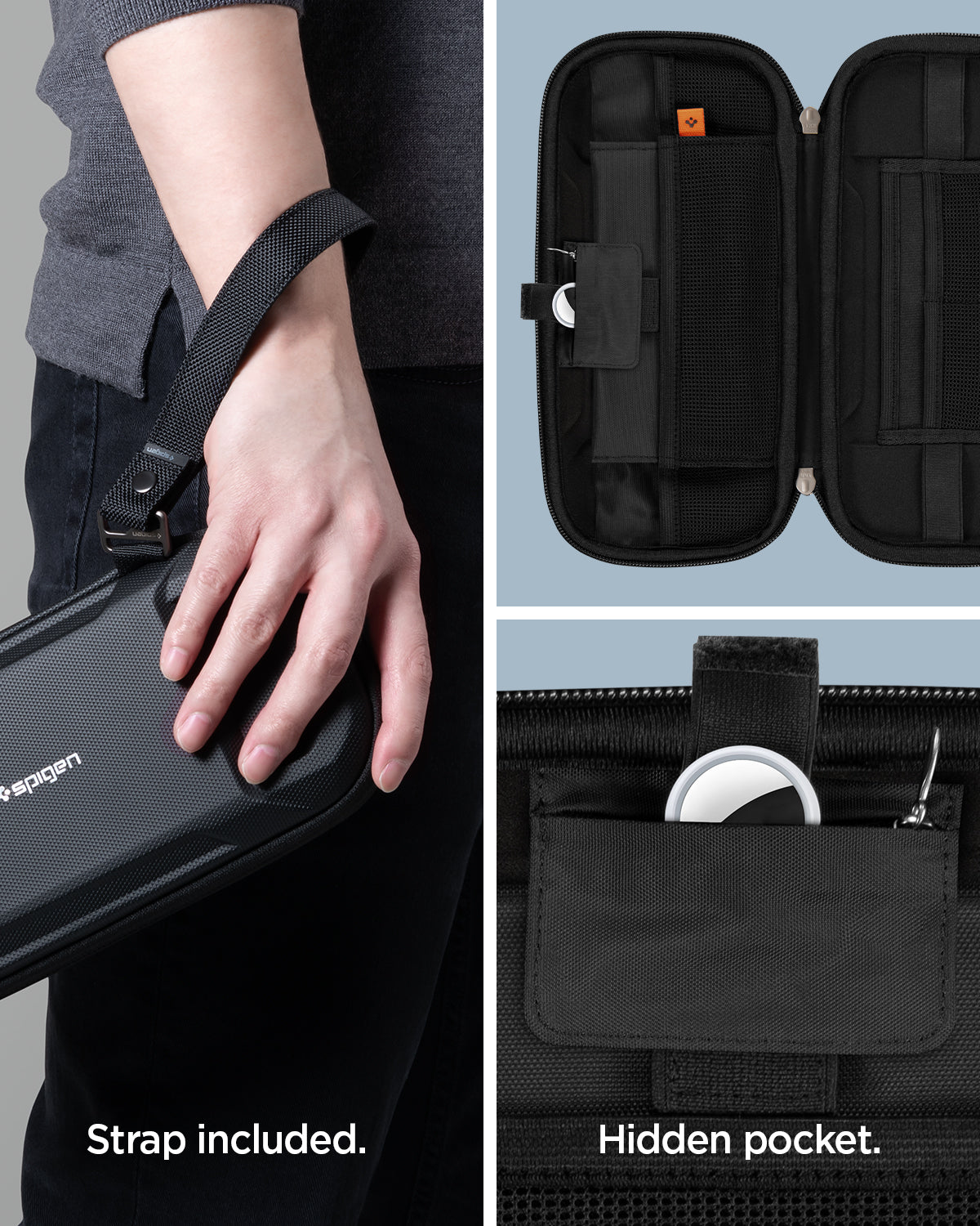 AFA05509 - Rugged Armor® Pro Slim Cable Organizer Bag in black showing the inclusion, strap and hidden pockets