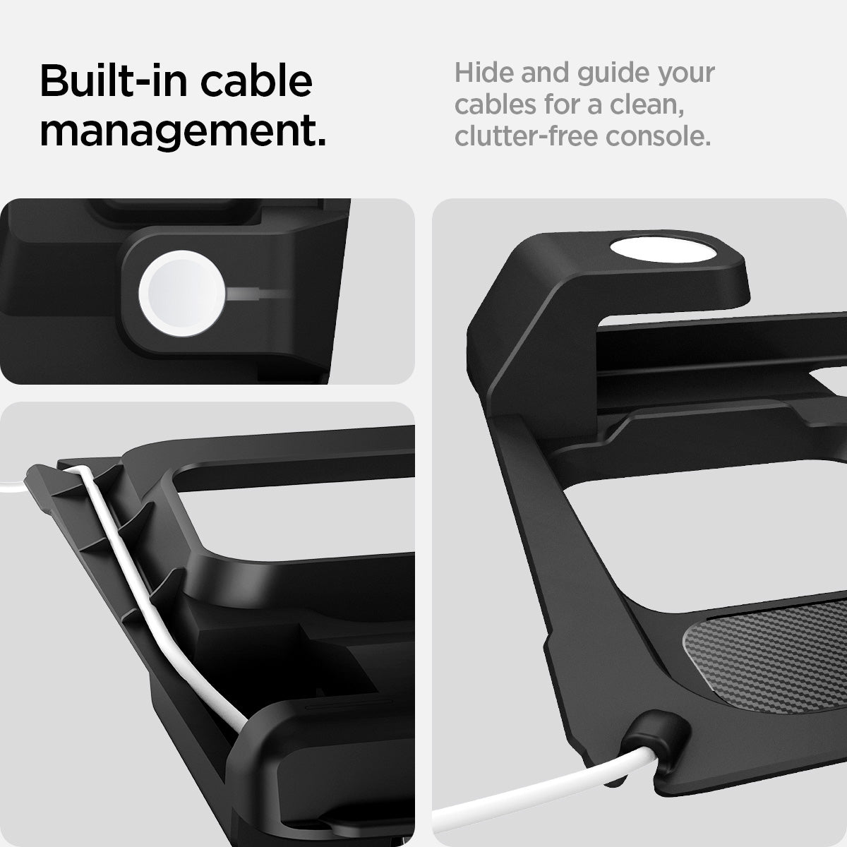 ACP07501 - Tesla Model 3 Highland - 3 in 1 Charging Organizer TO272H in Black showing the built-in cable management, hide and guide your cables for a clean, clutter-free console