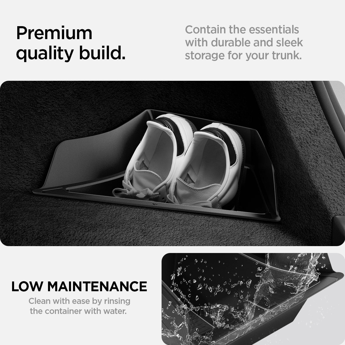 ACP08352 - Tesla Model 3 Highland Trunk Organizer TO228H in Black showing the premium quality build, contain the essentials with durable and sleek storage for your trunk, low maintenance, clean with ease by rinsing the container with water