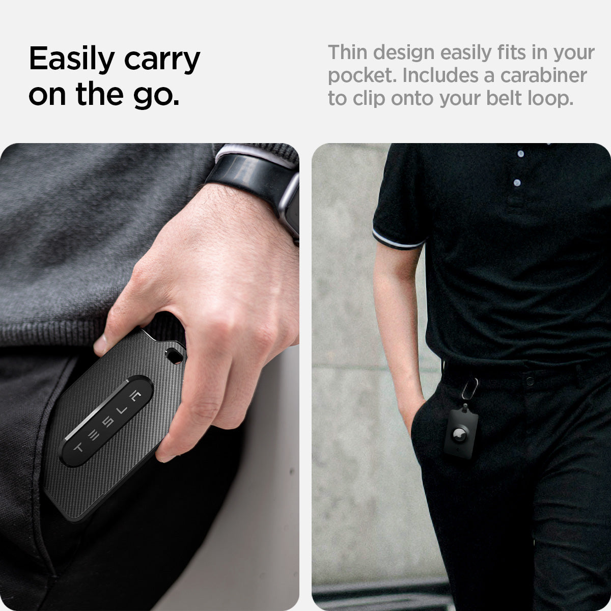 ACP07083 - Tesla AirFit Key Card Holder showing the easily carry on the go, thin design easily fits in your pocket, includes a carabiner to clip onto your belt loop