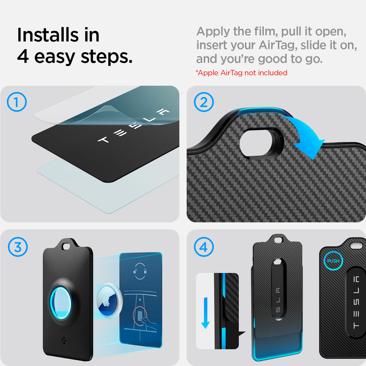 ACP07083 - Tesla AirFit Key Card Holder showing the installs in 4 easy steps, apply the film, pull it open insert your airtag, slide it on, and you're good to go