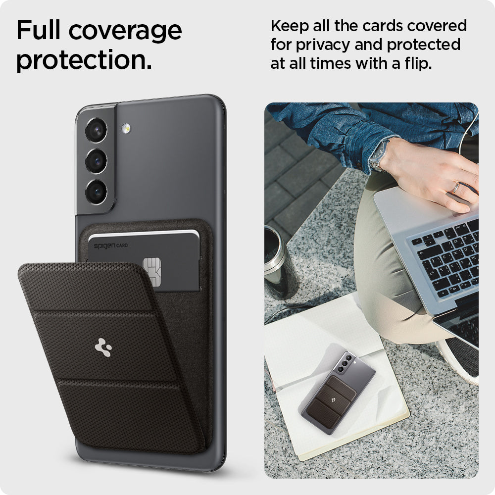 AMP02835 - Universal Card Holder Smart Fold in gunmetal showing the full coverage protection, keep all the cards covered for privacy and protected at all times with a flip