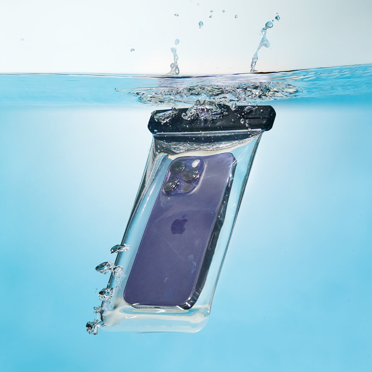 AMP03098 - AquaShield Waterproof Case (2 Pack) A601 in Crystal Clear showing the plunging of the device in the water with the waterproof case on