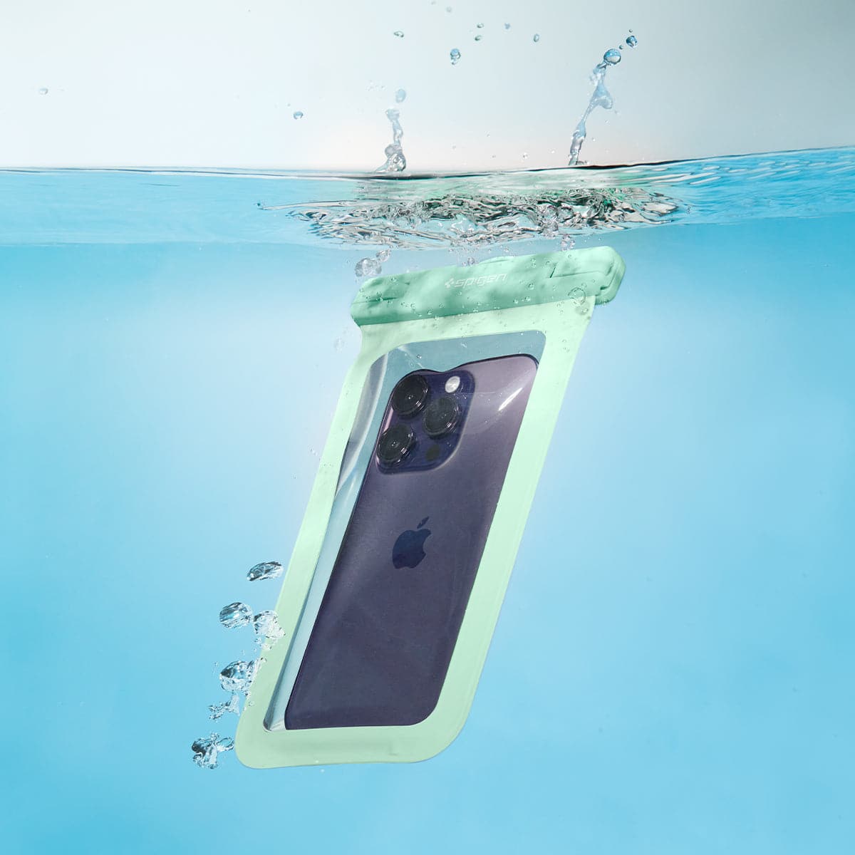 ACS06008 - AquaShield Waterproof Case A601 in Mint showing the plunging of the device in the water with the waterproof case on