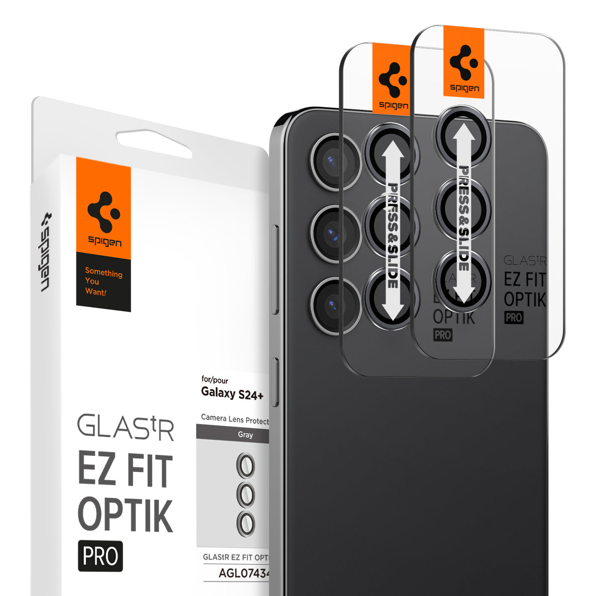 AGL07434 - Galaxy S24 Plus Optik Pro EZ Fit Lens Protector in Gray showing the camera lens protector hovering above another lens protector tray and device showing back, behind it, is the packaging