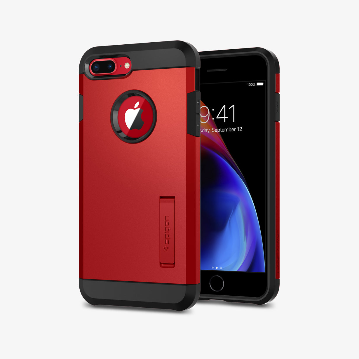 055CS24040 - iPhone 7 Plus Case Tough Armor 2 in Red showing the back, partial side next to it, a device showing front and partial side