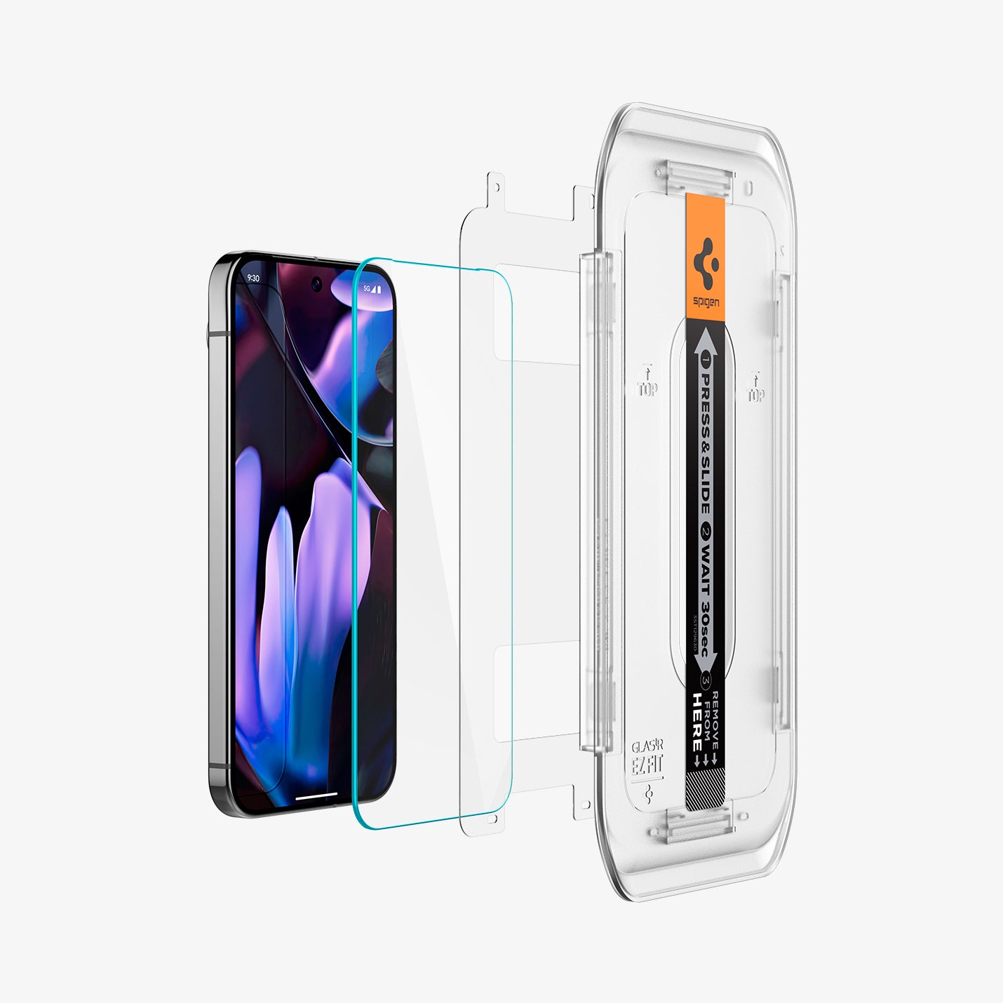 AGL08442 - Pixel 9 Pro GLAS.tR EZ Fit in Clear showing the front of the installation tray aligned with the film screen protector, screen protector and the device