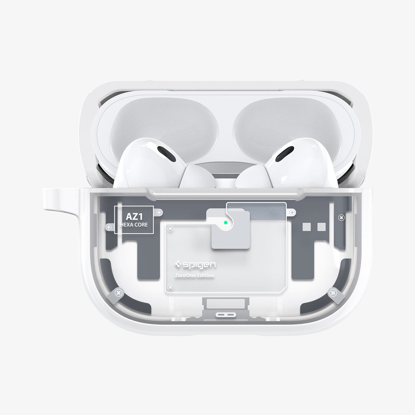 ACS07423 - AirPods Pro 2 Ultra Hybrid Zero One (MagFit) in Zero One White showing the front with the top open and airpods inside