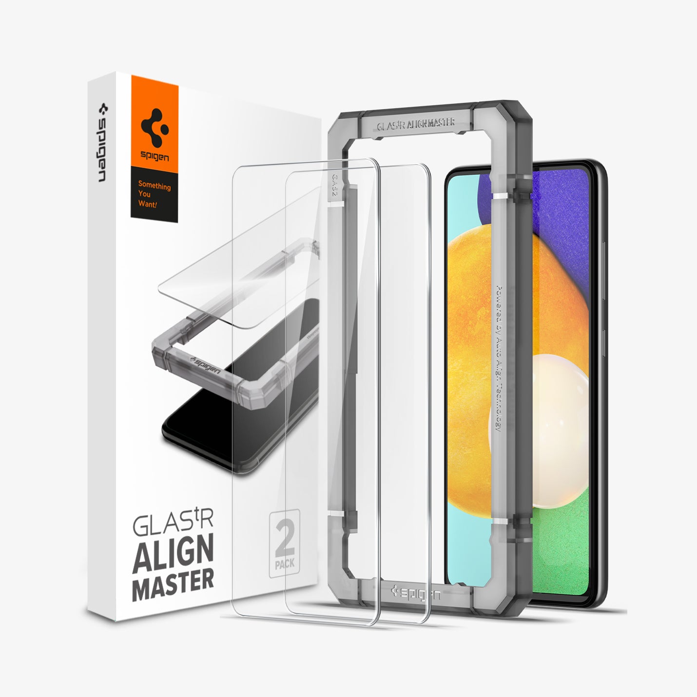 AGL02821 - Galaxy A52 Alignmaster Full Cover showing the 2 glass screen protector aligned with an  installation tray and a device beside it, is a packaging