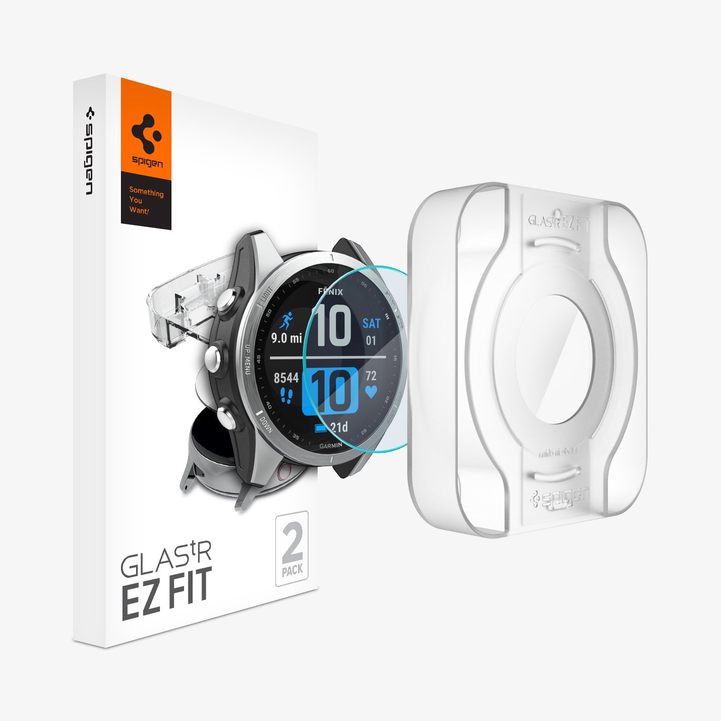 AGL04631 - Garmin Fenix 7s Screen Protector EZ FIT Glas.tR showing the device, screen protector, ez fit tray and packaging