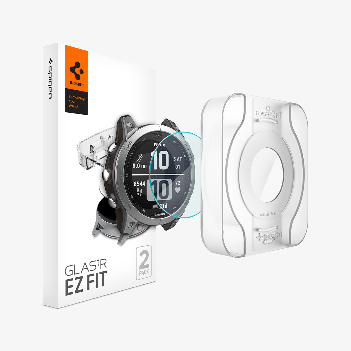 AGL04632 - Garmin Fenix 7 Screen Protector EZ FIT Glas.tR showing the device, screen protector, ez fit tray and packaging