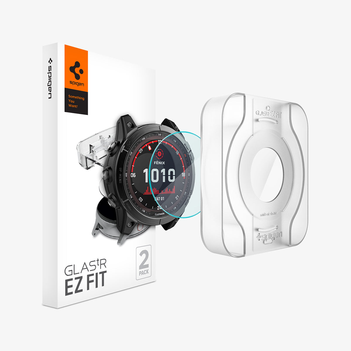 AGL04633 - Garmin Fenix 7x Screen Protector EZ FIT Glas.tR showing the device, screen protector, ez fit tray and packaging