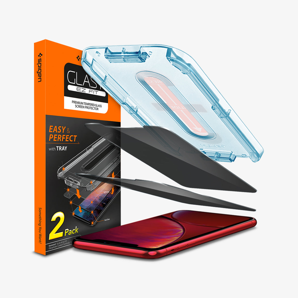 064GL25687  - iPhone XR GLAS.tR EZ Fit Privacy showing the device, two screen protectors, ez fit tray and packaging