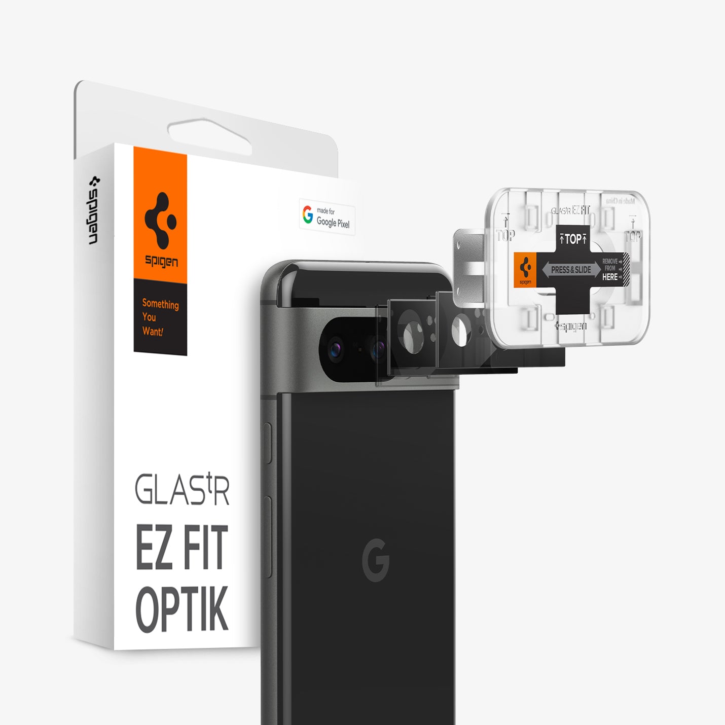 AGL06352 - Pixel 8 Optik Lens Protector showing the device, two lens protectors, ez fit tray and packaging