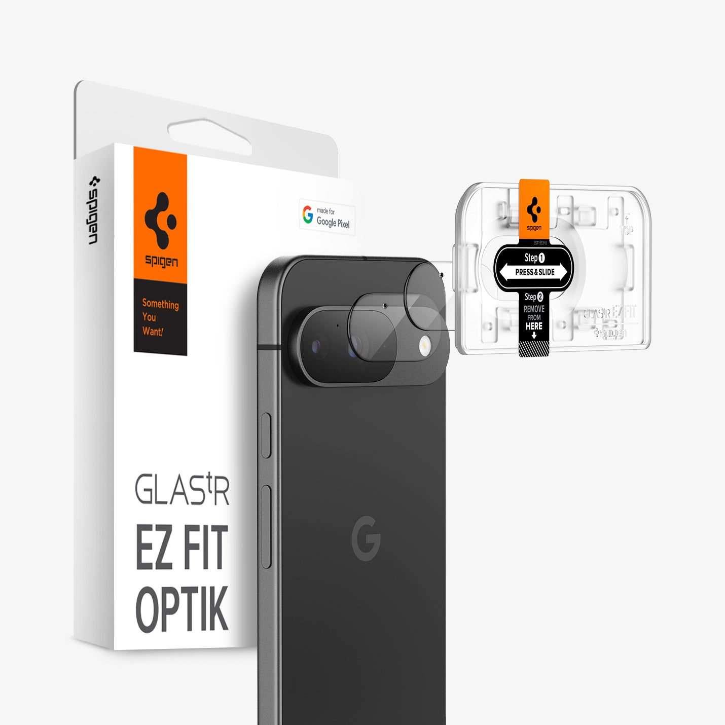 AGL08443 - Pixel 9 Pro Case Optik EZ Fit Lens Protector in Crystal Clear showing the installation tray hovering in front of the lens protector and the device, behind it, is the packaging