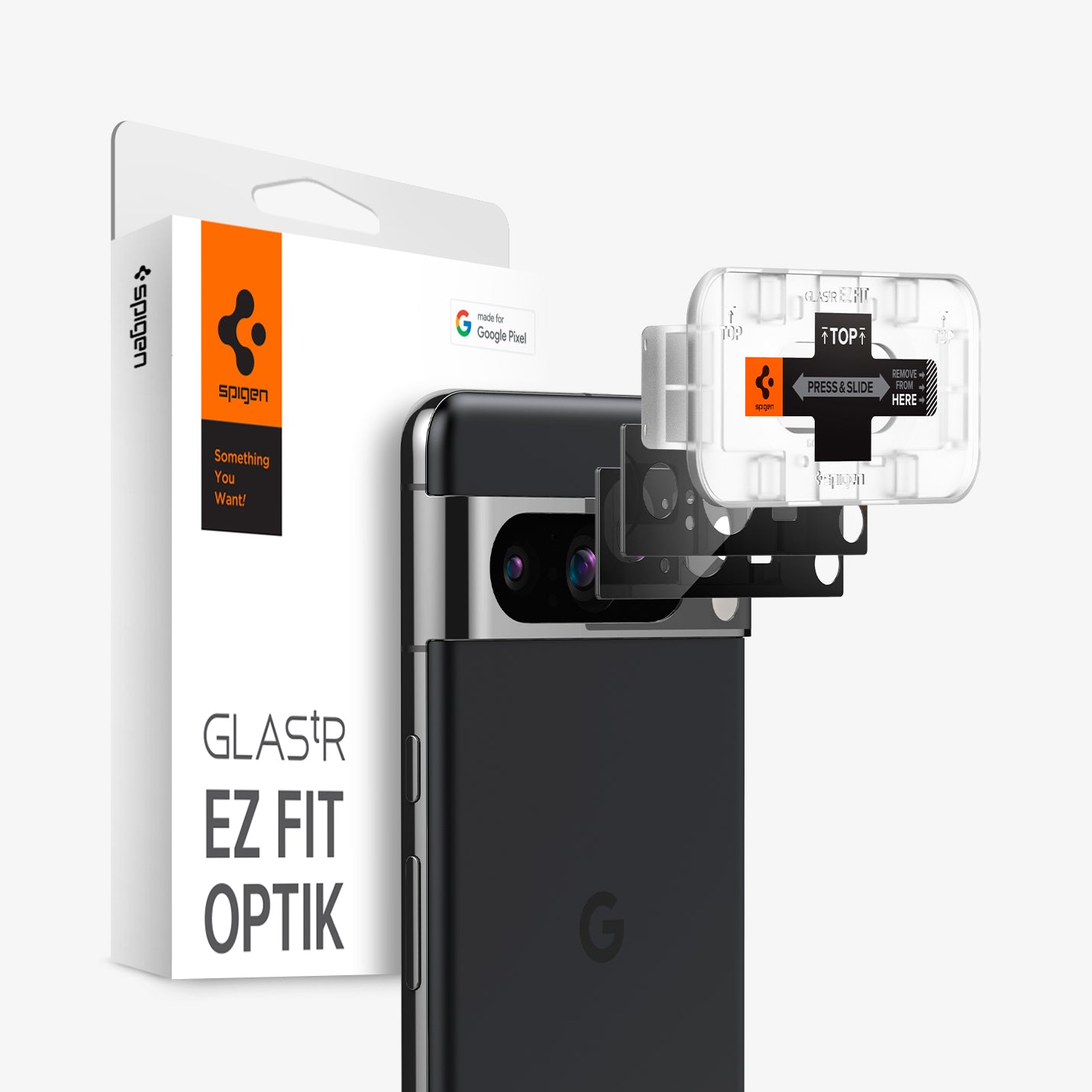 AGL06355 - Pixel 8 Pro Optik Lens Protector showing the device, two lens protectors, ez fit tray and packaging